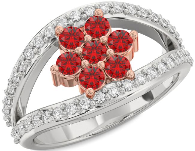 Diamond Ruby White Rose Gold Flower Ring