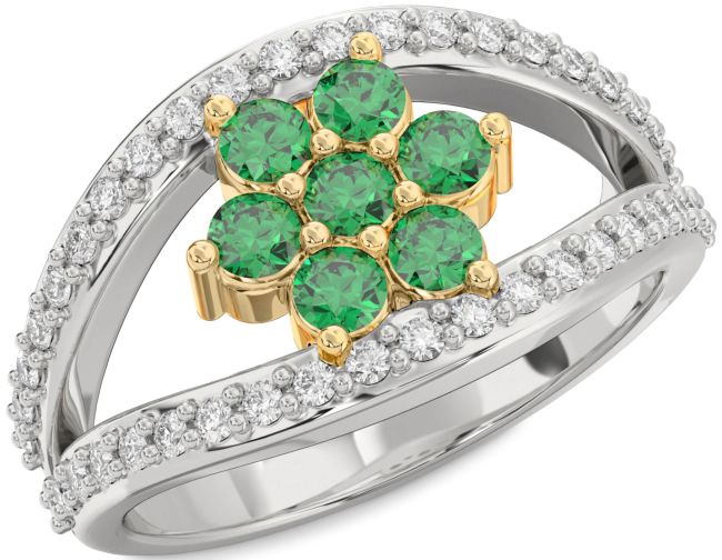 Diamond Emerald Gold Silver Flower Ring