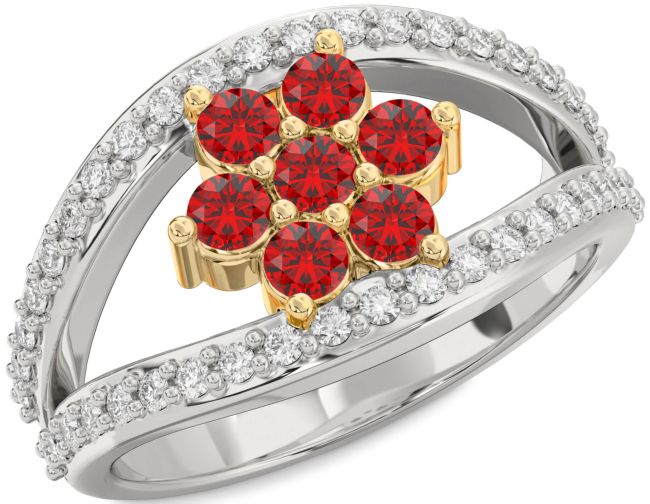 Diamond Ruby Gold Silver Flower Ring
