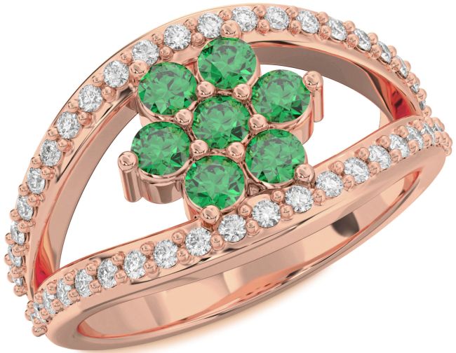 Diamond Emerald Rose Gold Silver Flower Ring