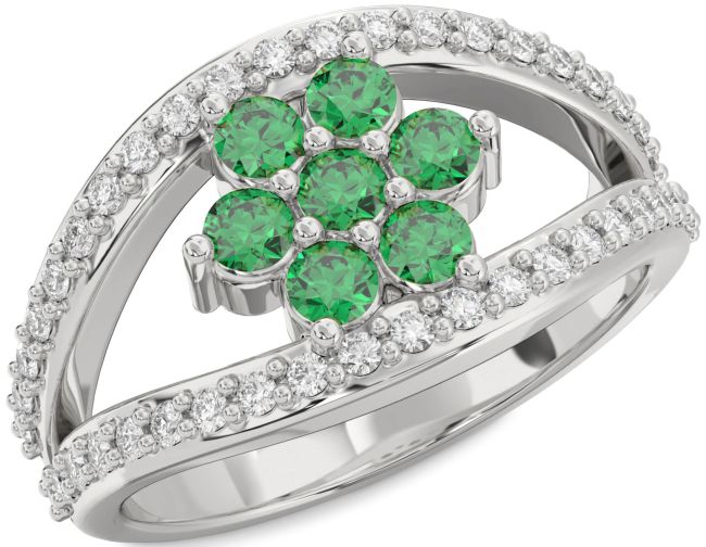 Diamond Emerald Silver Flower Ring