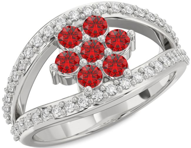 Diamond Ruby White Gold Flower Ring