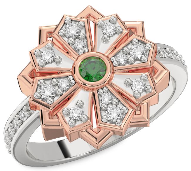 Diamond Emerald White Rose Gold Flower Ring