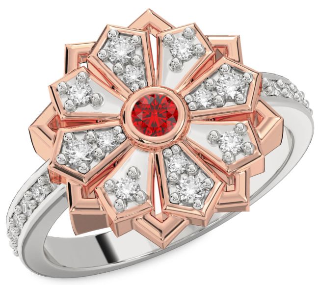Diamond Ruby Silver & 10K Rose Gold Flower Ring