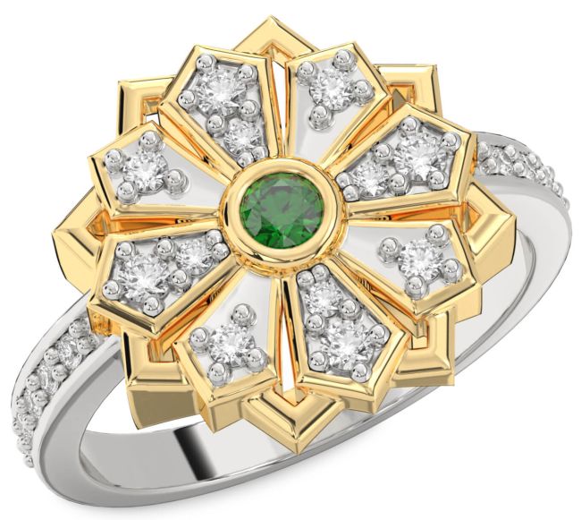 Diamond Emerald Gold Silver Flower Ring