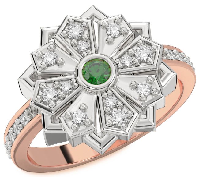 Diamond Emerald White Rose Gold Flower Ring
