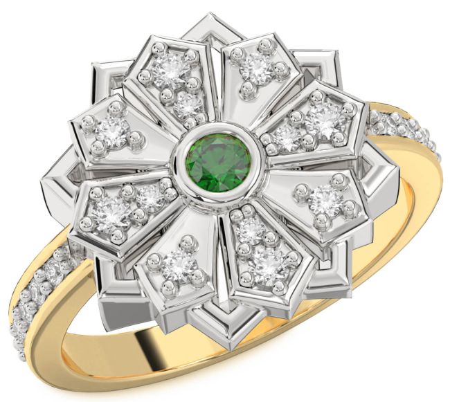 Diamond Emerald Gold Silver Flower Ring