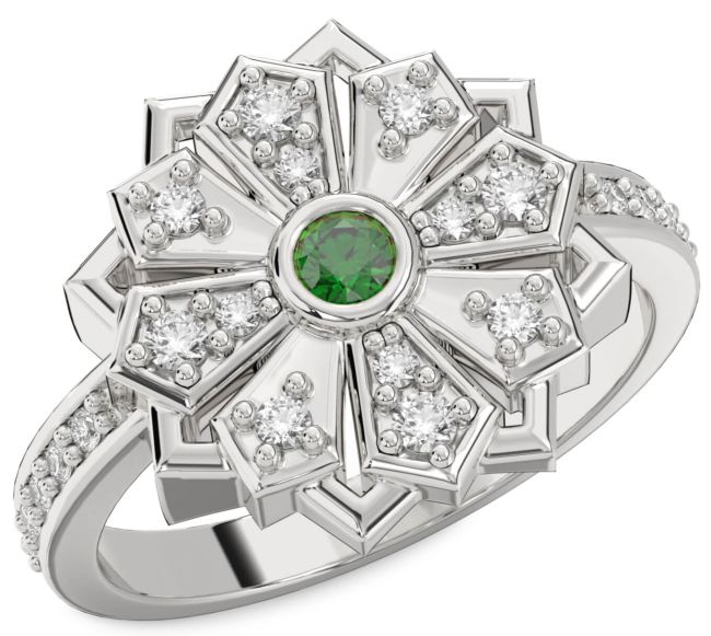 Diamond Emerald White Gold Flower Ring