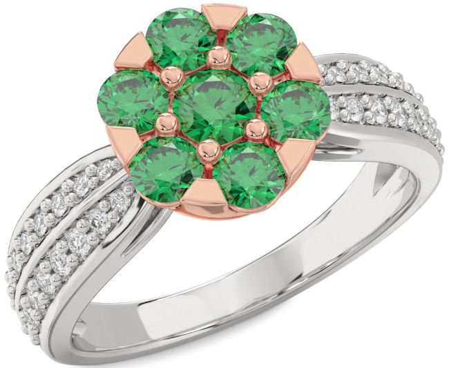 Diamond Emerald Silver & 10K Rose Gold Flower Ring