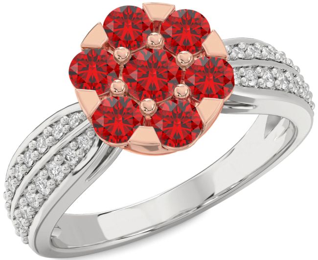 Diamond Ruby Silver & 10K Rose Gold Flower Ring