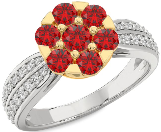 Diamond Ruby Gold Silver Flower Ring