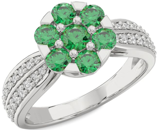 Diamond Emerald Platinum Flower Ring