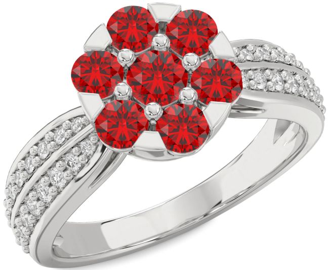 Diamond Ruby Silver Flower Ring