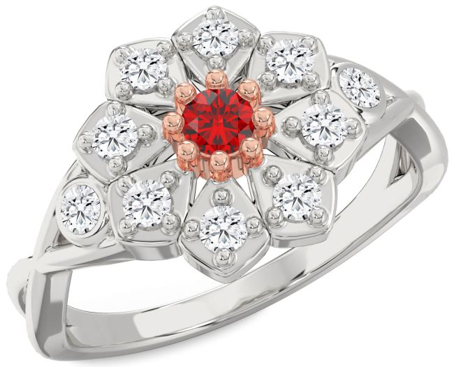 Diamond Ruby Silver & 10K Rose Gold Flower Ring