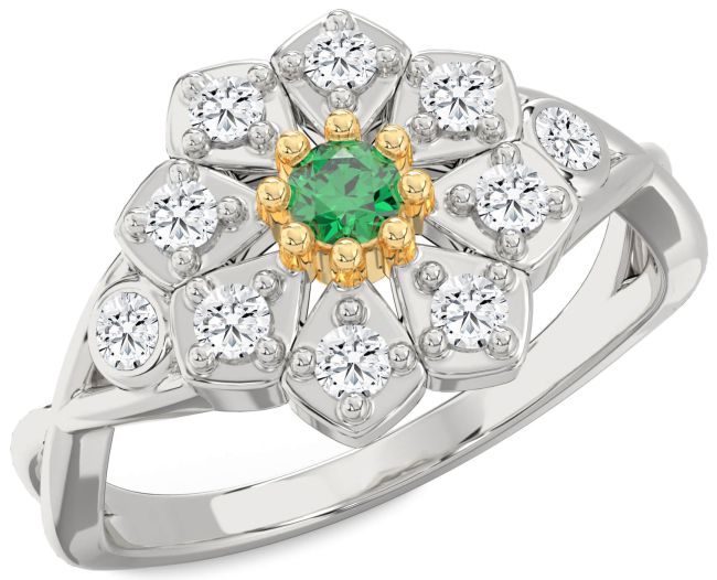 Diamond Emerald White Yellow Gold Flower Ring