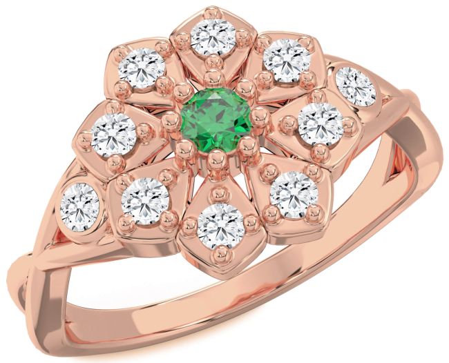 Diamond Emerald Rose Gold Silver Flower Ring