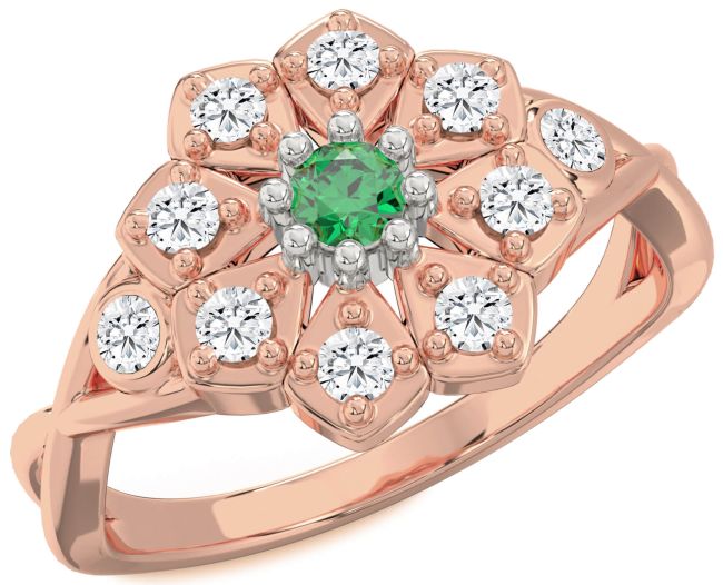 Diamond Emerald White Rose Gold Flower Ring