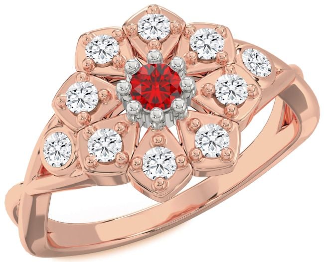 Diamond Ruby Rose Gold Silver Flower Ring
