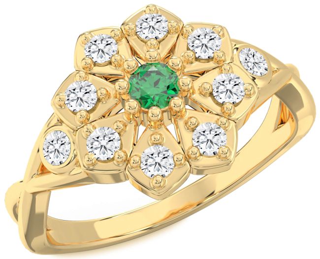 Diamond Emerald Gold Flower Ring