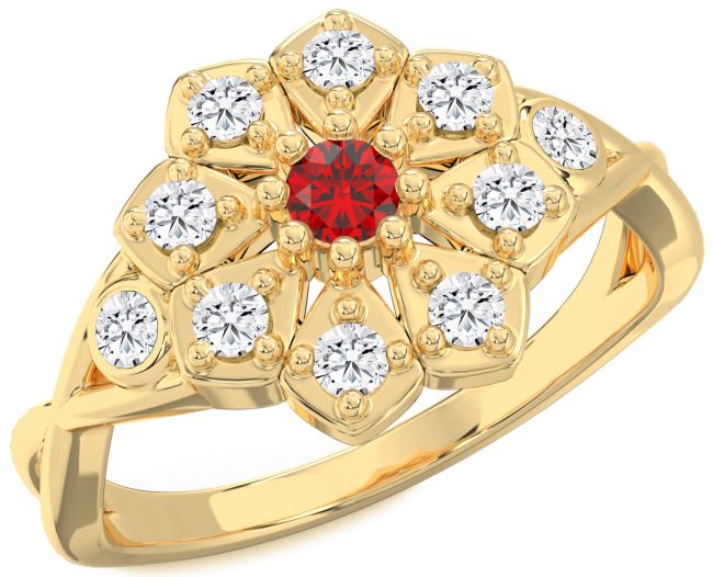 Diamond Ruby Gold Silver Flower Ring