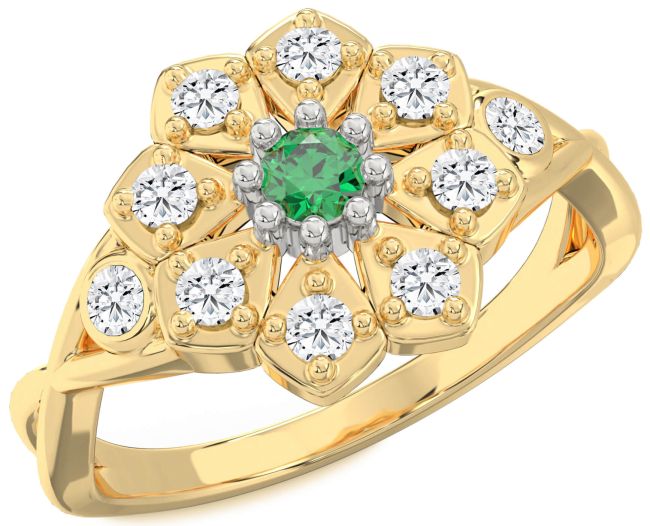 Diamond Emerald Gold Silver Flower Ring