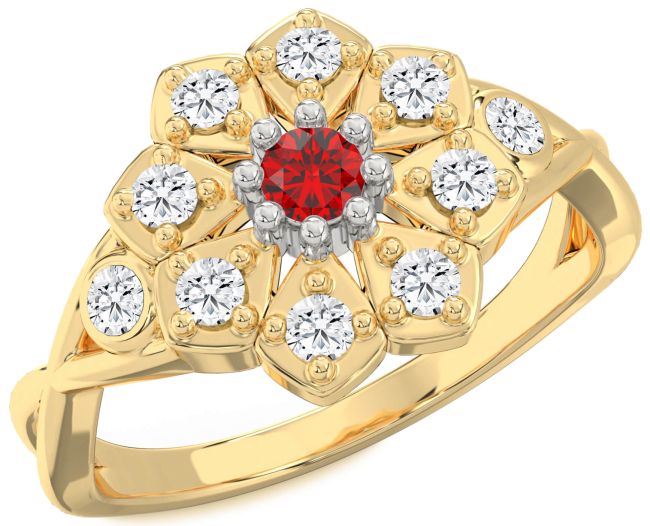 Diamond Ruby White Yellow Gold Flower Ring