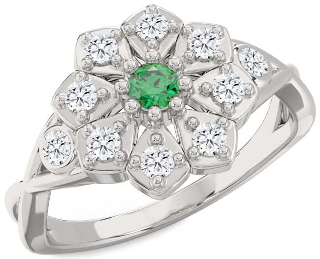 Diamond Emerald Silver Flower Ring