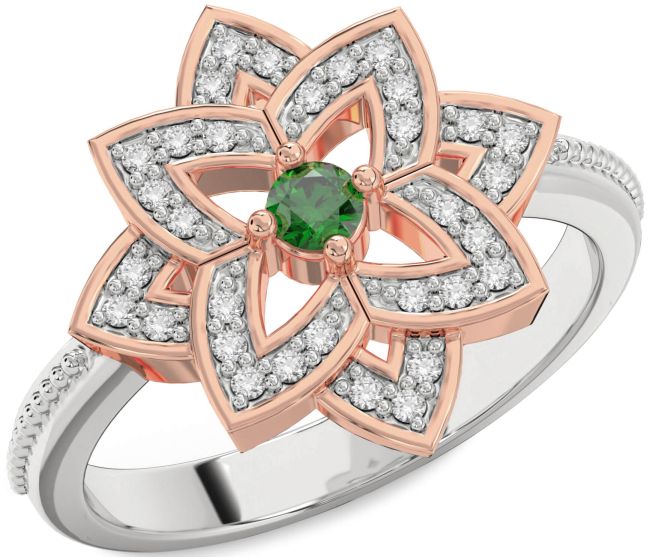 Diamond Emerald Platinum & Rose Gold Flower Ring