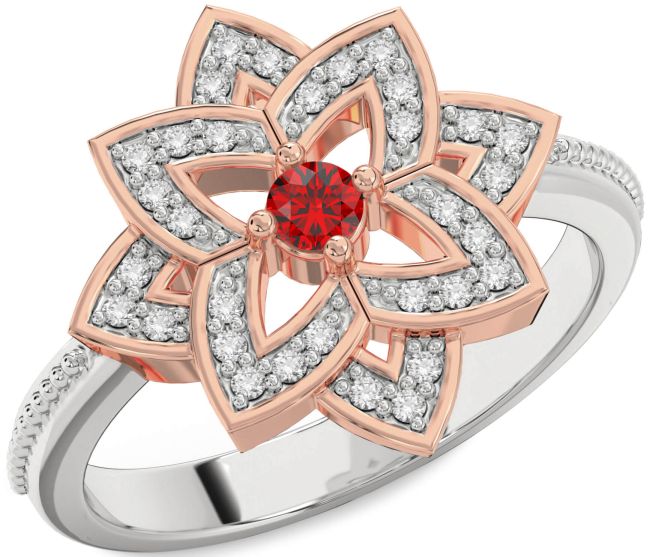Diamond Ruby Rose Gold Silver Flower Ring