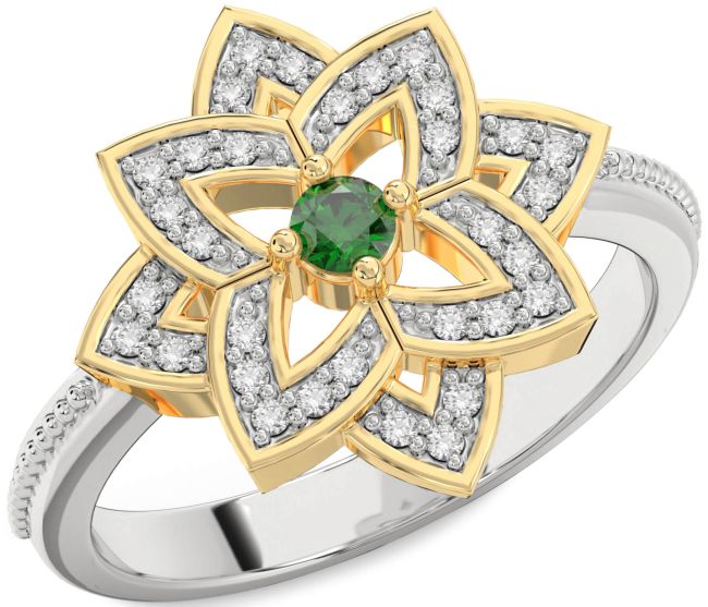 Diamond Emerald Silver & 10K gold Flower Ring