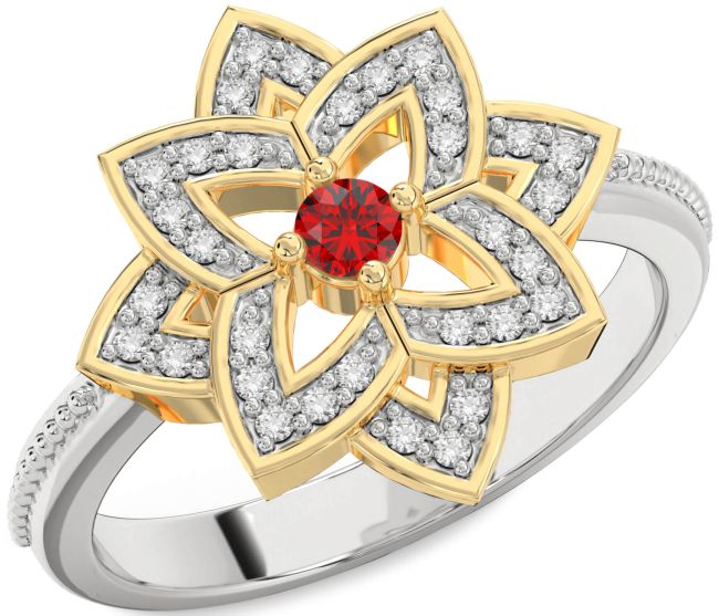Diamond Ruby Gold Silver Flower Ring