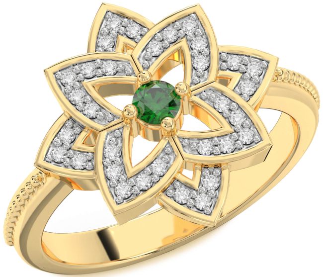 Diamond Emerald Gold Silver Flower Ring