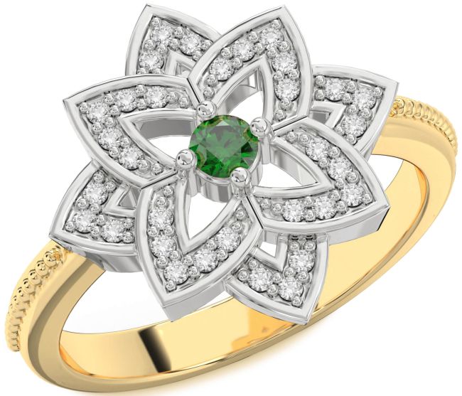 Diamond Emerald Platinum & Yellow Gold Flower Ring