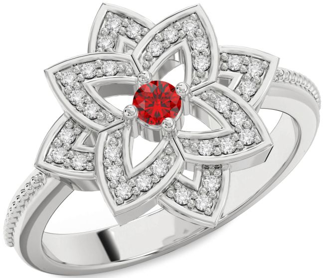 Diamond Ruby Silver Flower Ring