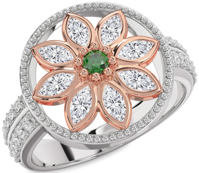 Diamond Emerald White Rose Gold Flower Ring