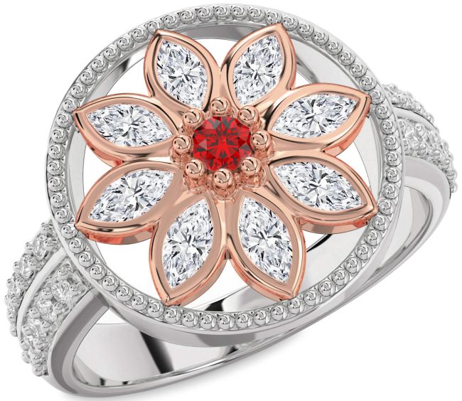 Diamond Ruby Rose Gold Silver Flower Ring