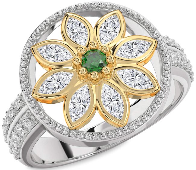 Diamond Emerald Silver & 10K gold Flower Ring