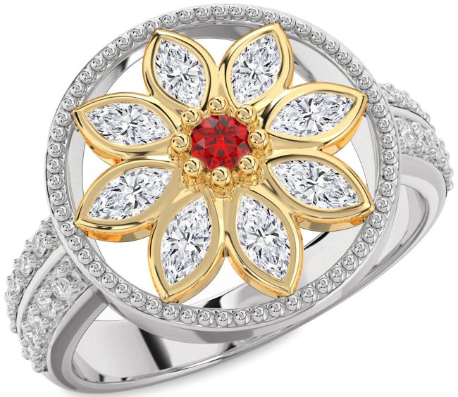Diamond Ruby Silver & 10K gold Flower Ring