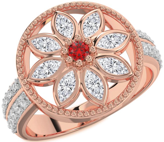 Diamond Ruby Rose Gold Flower Ring
