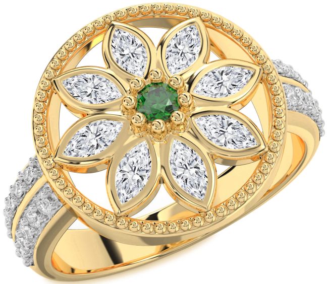 Diamond Emerald Gold Flower Ring