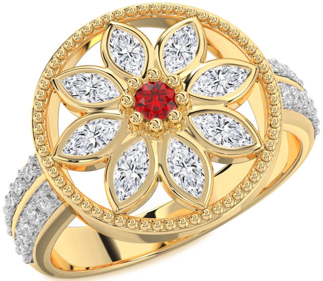 Diamond Ruby Gold Silver Flower Ring