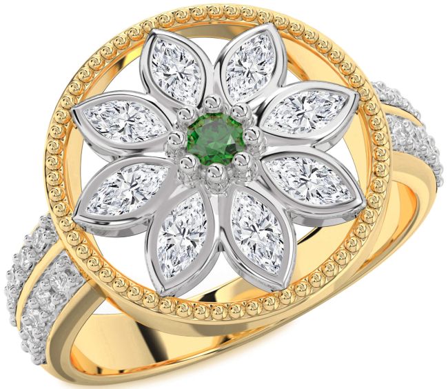 Diamond Emerald Gold Silver Flower Ring