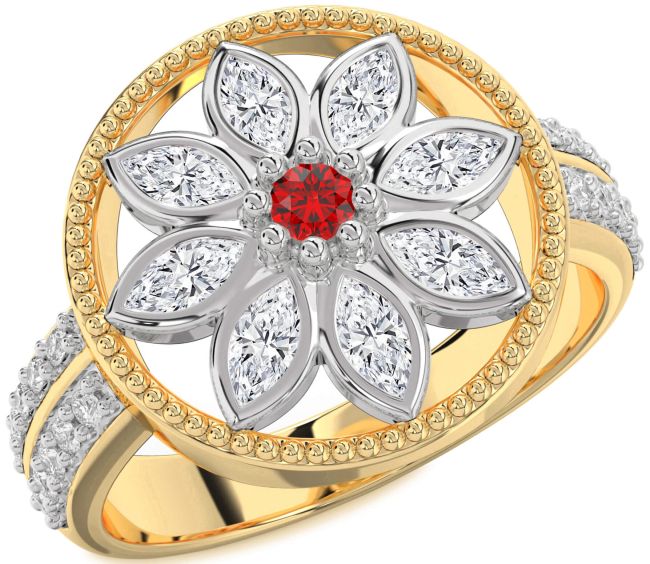 Diamond Ruby Gold Silver Flower Ring