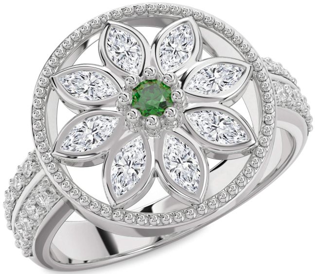 Diamond Emerald Silver Flower Ring