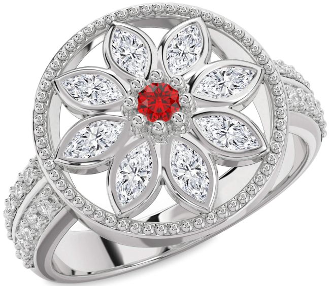 Diamond Ruby Silver Flower Ring