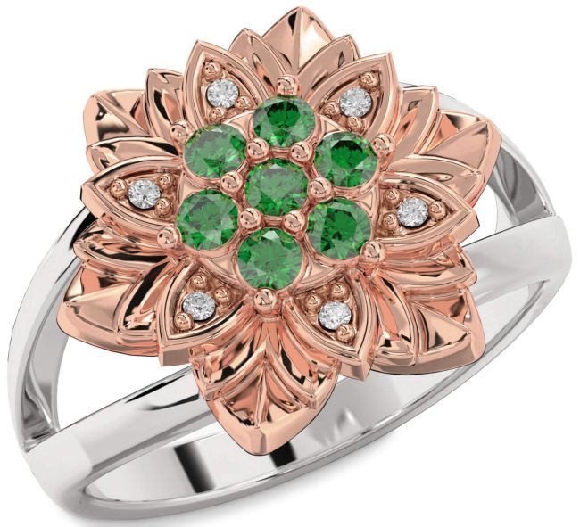 Diamond Emerald Silver & 10K Rose Gold Flower Ring