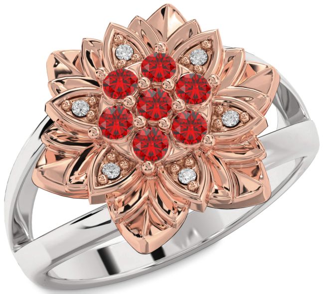 Diamond Ruby Silver & 10K Rose Gold Flower Ring