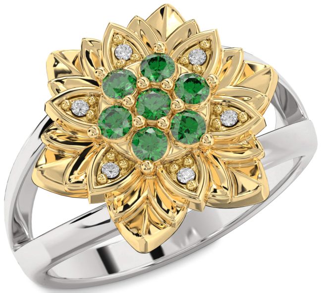 Diamond Emerald White Yellow Gold Flower Ring