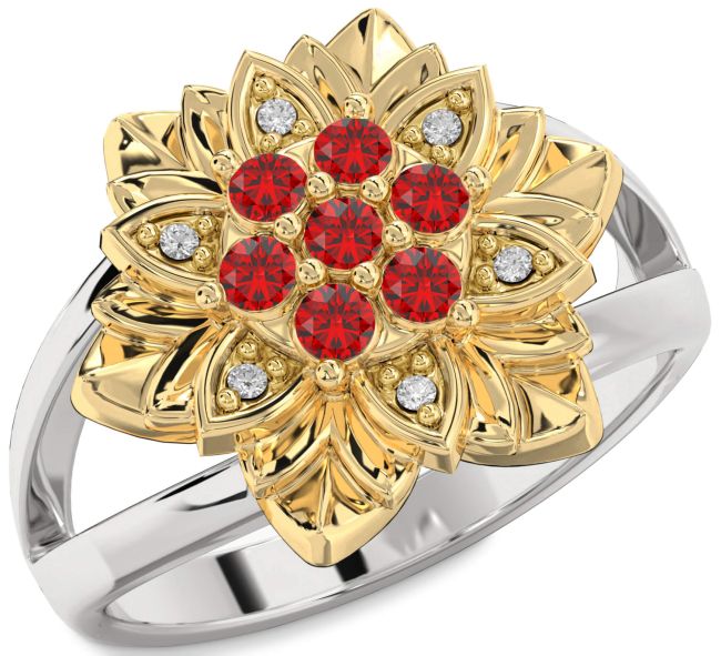 Diamond Ruby White Yellow Gold Flower Ring