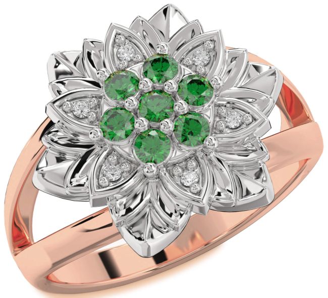 Diamond Emerald Platinum & Rose Gold Flower Ring